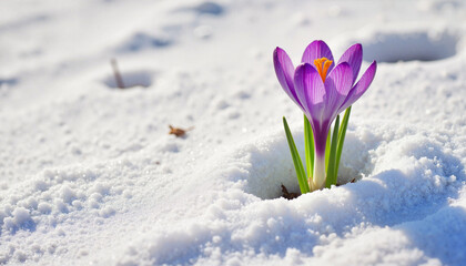 Solitary crocus flower blooming through melting snow, spring awakening