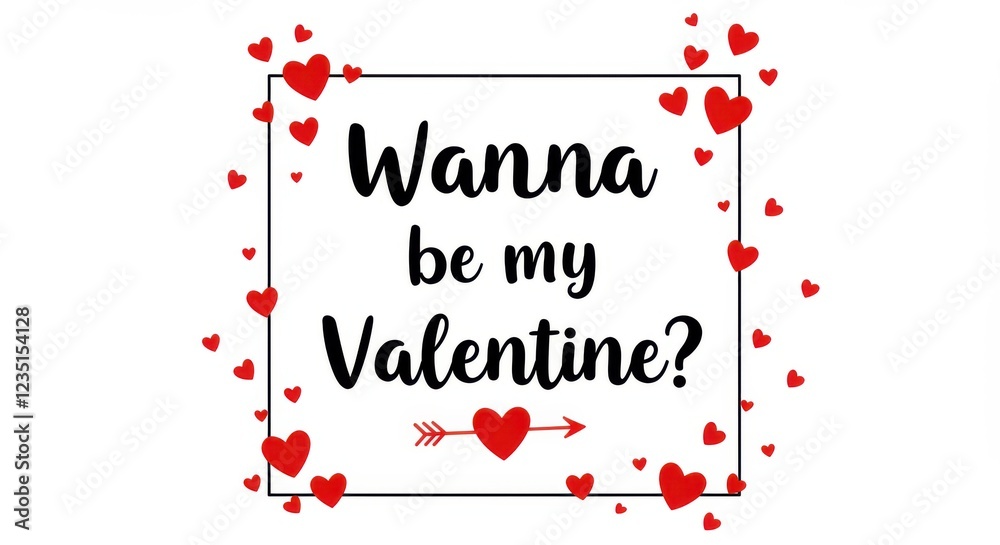 Fototapete a simple valentine's day postcard with black text that reads wanna be my valentine and a red heart w
