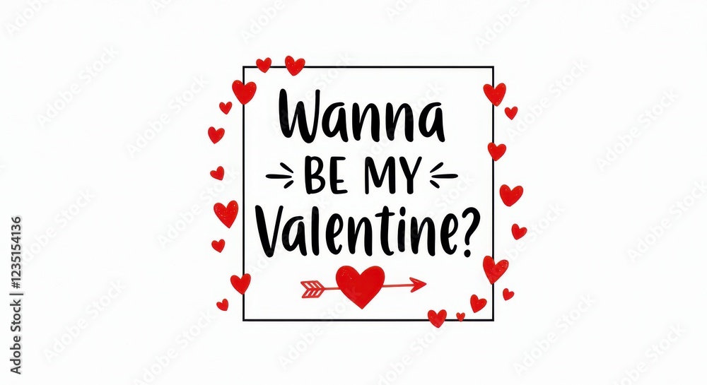 Fototapete a simple valentine's day postcard with black text that reads wanna be my valentine and a red heart w