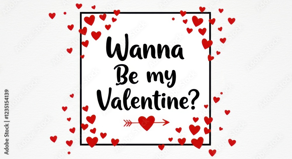 Fototapete a simple valentine's day postcard with black text that reads wanna be my valentine and a red heart w