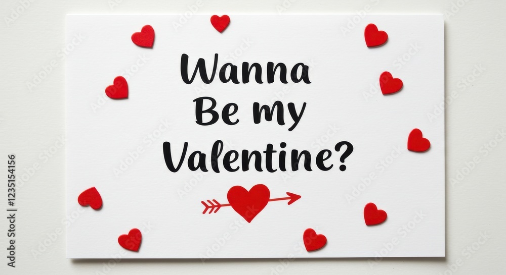 Fototapete a simple valentine's day postcard with black text that reads wanna be my valentine and a red heart w