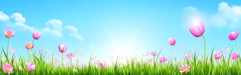 Fototapeta premium Pink flowers growing in green grass under blue sky