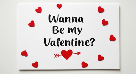 A simple valentine's day postcard with black text that reads wanna be my Valentine and a red heart with an arrow in the center surrounding by small red hearts playful and romantic on white background