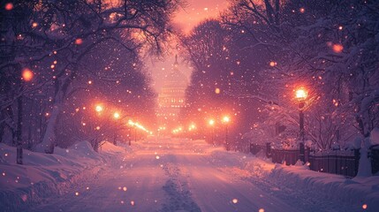 Snowy Street Scene at Night with Illuminated Building