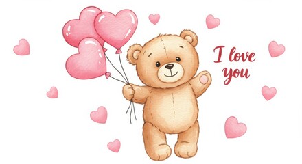A watercolor illustration of a cute teddy bear holding three pink heart-shaped balloon seems floating in the air with the words I love you written in red font at the bottom several pink hearts