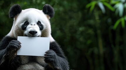 Naklejka premium A panda is playfully holding a blank card in its paws while surrounded by bamboo trees and greenery. The setting appears bright and filled with vibrant nature