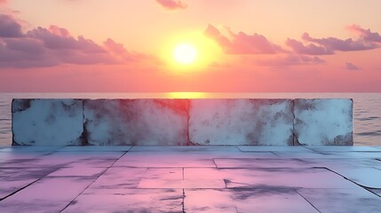 Naklejka premium Sunset Over Ocean With Weathered Concrete Wall