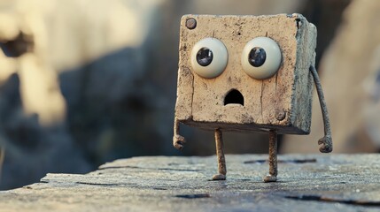A wooden character with large, expressive eyes stands on a rocky surface. Its surprised expression suggests wonder and curiosity in this imaginative landscape