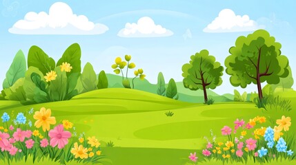 Fototapeta premium Blooming flowers and lush green meadow create idyllic spring landscape