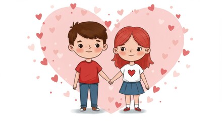 A cartoon illustration two young children holding hands in front of a large pink heart the background is filled with small pink hearts creating a romantic atmosphere young love valentine's day