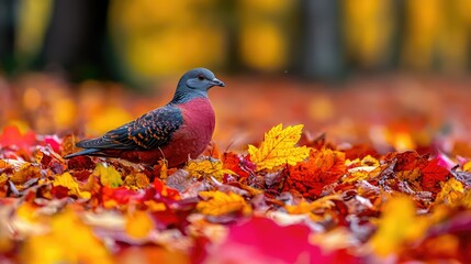 Colorful Autumn Pigeon Amidst Fallen Leaves