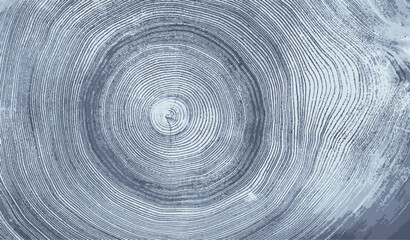 Blue gray white stamp impression of end grain of wood slab. Tree rings ripples art with texture and cracked surface.