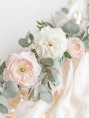 Obraz premium Elegant bouquet of soft pink and white peonies with lush greenery, creating a romantic and fresh atmosphere. Perfect for wedding, floral, or nature-themed designs. High-quality, detailed close-up shot