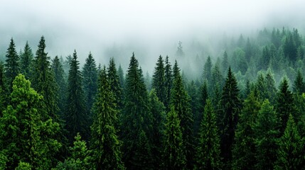 Fototapeta premium A dense forest filled with tall evergreen trees stands shrouded in mist. The early morning light creates a tranquil atmosphere, enhancing the lush greenery of the scene