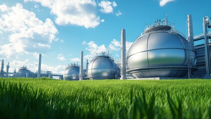 Green Energy: Spherical Gas Tanks in a Lush Meadow