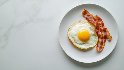Fried Egg and Bacon on plate for breakfast  on white background, copy space. Keto breakfast with egg, vegetables and bacon top view