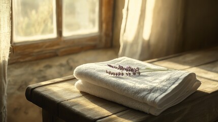 A neatly folded white towel with lavender on a wooden counter for bathroom decor inspiration