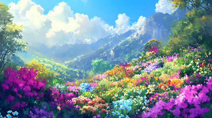 Vibrant flower garden captures the essence of summer with bold colors and lively textures in a natural scene. Vibrant Impressionism. Illustration