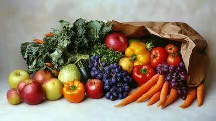 Fresh produce spilling out of a grocery bag onto a white surface for marketing campaigns