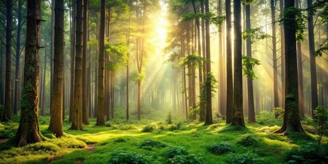 Earthy forest landscape with tall trees and dense foliage, brown, geography, forest, plants