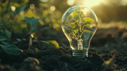Light Bulb with Growing Plant Inside Symbolizing Green Energy and Sustainable Innovation for Environmental Marketing Campaigns