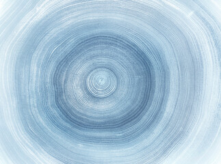 Blue gray white stamp impression of end grain of wood slab. Tree rings ripples art with texture and cracked surface.