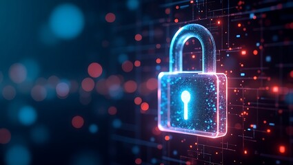 Glowing neon padlock  digital security concept  abstract data points  futuristic technology