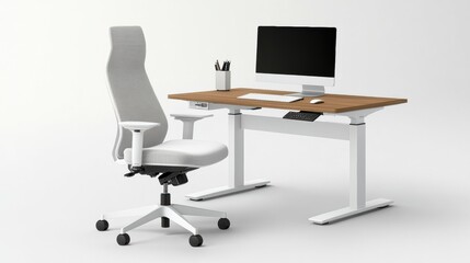 A modern, minimalist office desk with a computer, keyboard, and mouse.