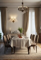 Elegant Dining Room with Stocking on Tablecloth, holly, elegant decor