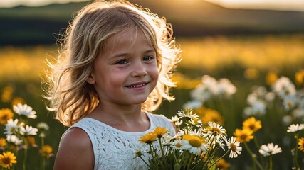 Young child joyfully holds vibrant flowers in a sunlit field during a beautiful summer evening surrounded by blooming nature