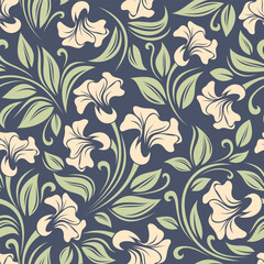 Fototapeta premium Vintage floral pattern with pink flowers and green leaves on blue. Vector seamless background
