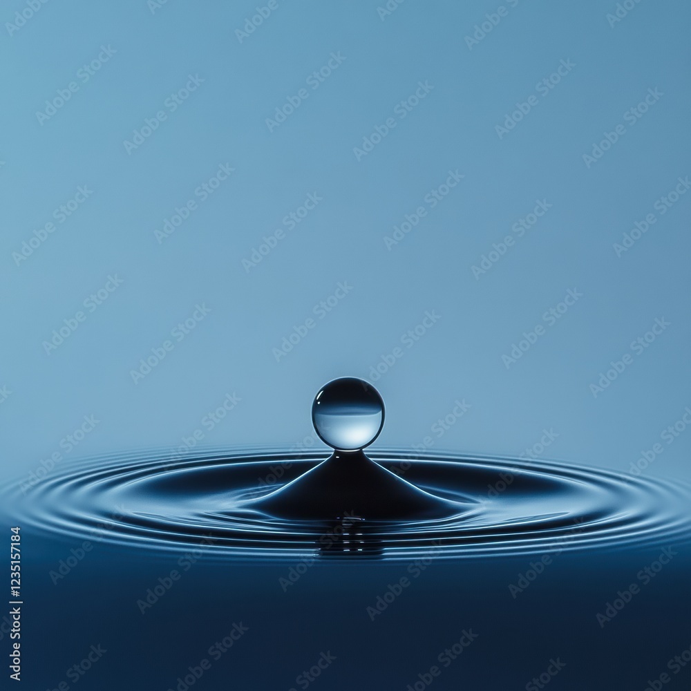 Poster water droplet creates circular ripples in tranquil blue liquid on a calm day. generative ai