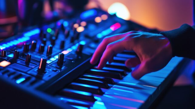 A musician composing music with digital synthesizers and recording equipment in a modern studio, symbolizing music production and digital creativity, Modern lifestyle scene