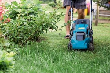 Fototapeta premium A man with a lawn mower mows the grass in the backyard. Agricultural machinery for garden maintenance. The banner.