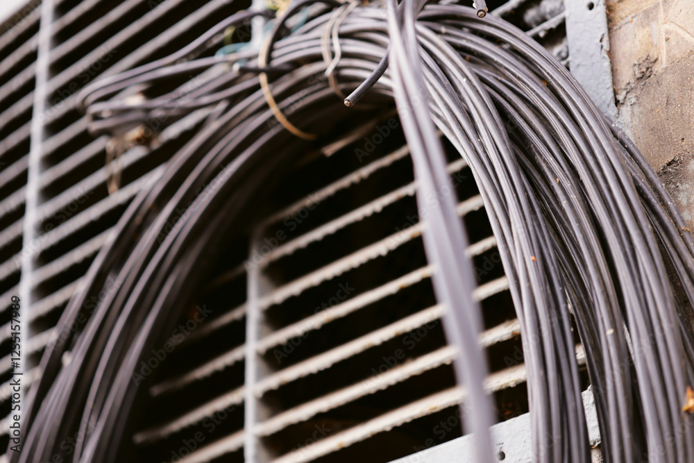 Poster exterior view of a building with wires and cables exposed on the side, ideal for use in urban or ind