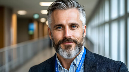 Fototapeta premium Confident mature businessman with grey hair and beard standing in a bright office corridor during daytime.