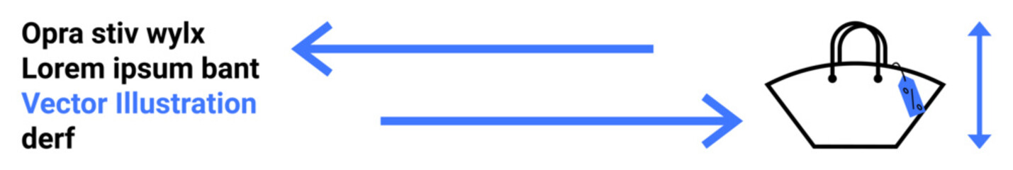 Shopping bag with directional arrows and text elements for explaining promotion, movement, or marketing strategies. Ideal for retail, e-commerce, branding, logistics, advertising, education flat