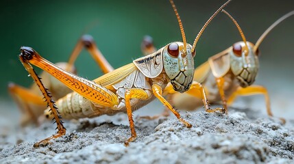 Two grasshoppers are standing on a rock