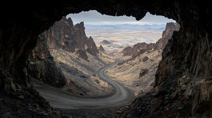 Winding road vista from cave, desert landscape, travel photography