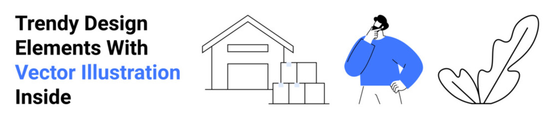 Warehouse building and stacked boxes, man contemplating ideas in blue top, abstract modern leaf art. Ideal for logistics, business strategy, productivity, eco-friendly, modern design, inventory