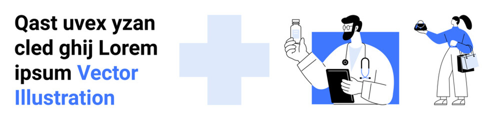 Obraz premium Male doctor holding medicine bottle, female nurse carrying equipment, blue medical cross. Ideal for healthcare, clinics, hospitals, education, medical campaigns, innovation flat landing page banner