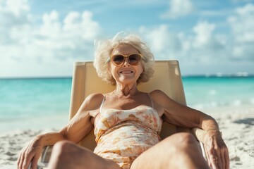 An older woman enjoys a sunny day at the beach, lounging comfortably in a chair near the turquoise sea.