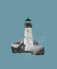 Surreal lighthouse on rocks digital collage