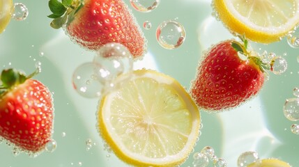 Lively strawberries and lemon slices surrounded by sparkling water bubbles, creating a refreshing and vibrant summer beverage concept.