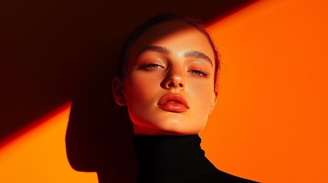 Striking portrait of a woman with bold lighting and shadows against an orange background, emphasizing her facial features.