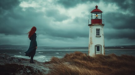 A solitary figure with red hair stands near a lighthouse on a stormy coastal landscape, capturing a dramatic and moody scene.