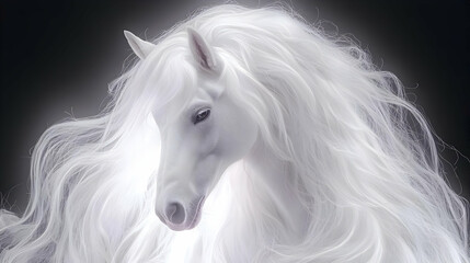 Obraz premium Majestic white horse portrait, dark background, fantasy art, website banner