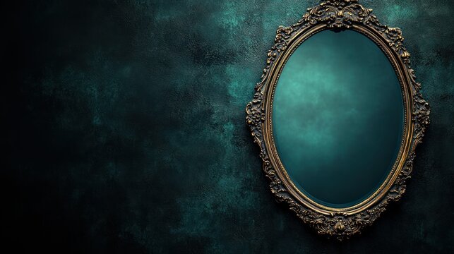 Antique oval mirror on dark teal wall, mysterious reflection