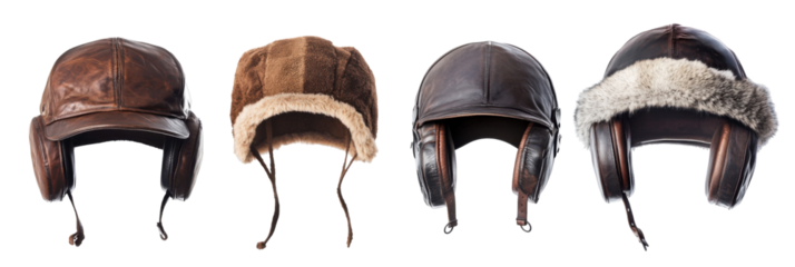 Vintage leather and fur aviator hats collection png
