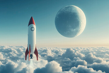 Rocket Launching to the Moon Above the Clouds 3D Illustration